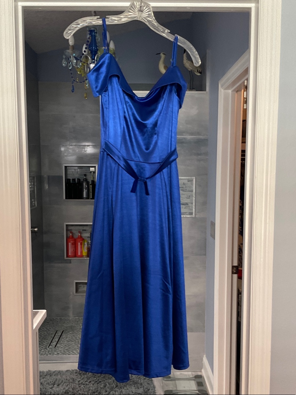 Cobalt Blue Satin Cowl Neck Maxi Dress with Waist Tie